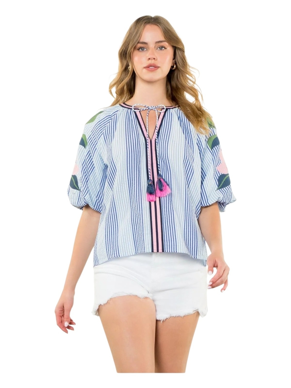 THML Blue & Pink Striped Tie-Front Peasant Blouse
